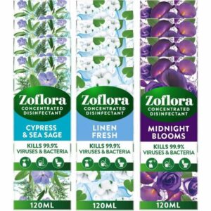 Zoflora Scent Trio! Cypress & Sea Sage, Linen Fresh & Midnight Blooms! - 120ML Bottles