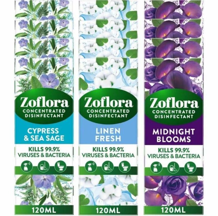 Zoflora Scent Trio! Cypress & Sea Sage, Linen Fresh & Midnight Blooms! - 120ML Bottles